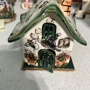 Blue Sky Green and White Ceramic Cottage